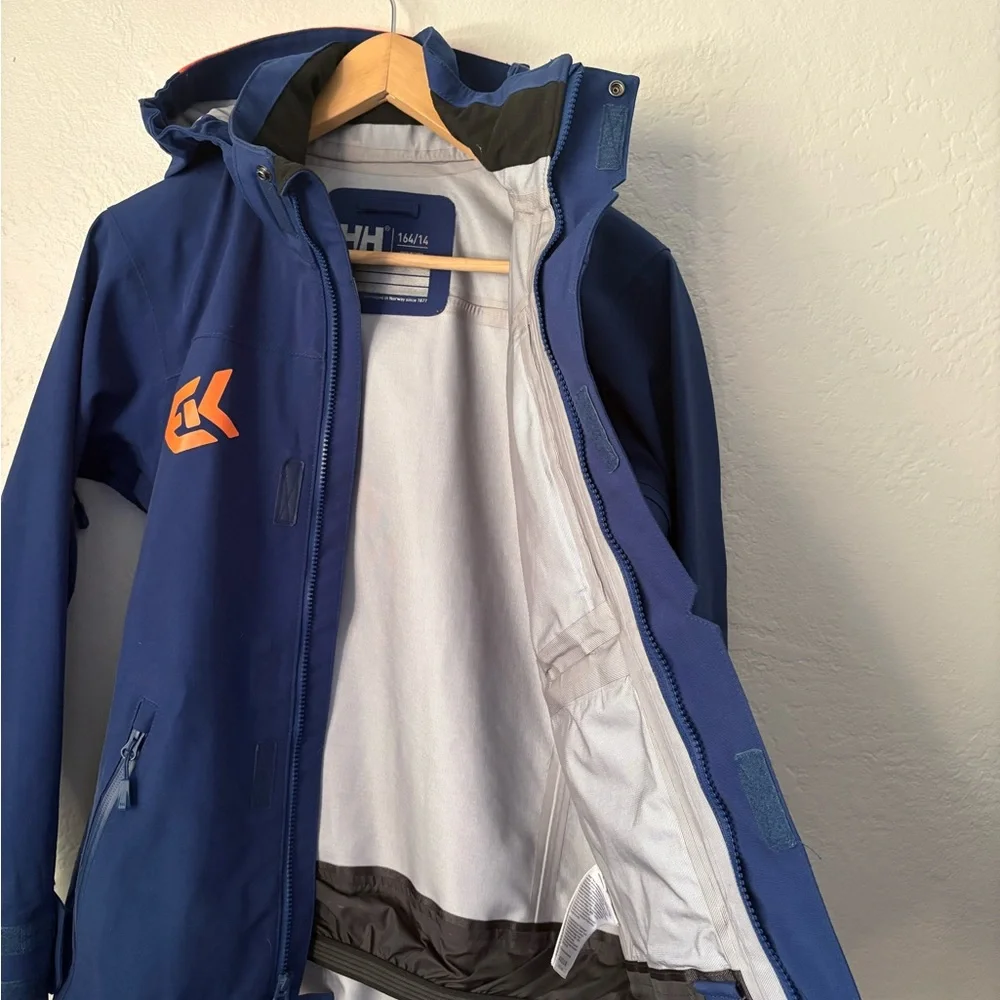 Helly Hansen Dark Blue and Orange Free Ride Team Ski Jacket Hooded Size 14